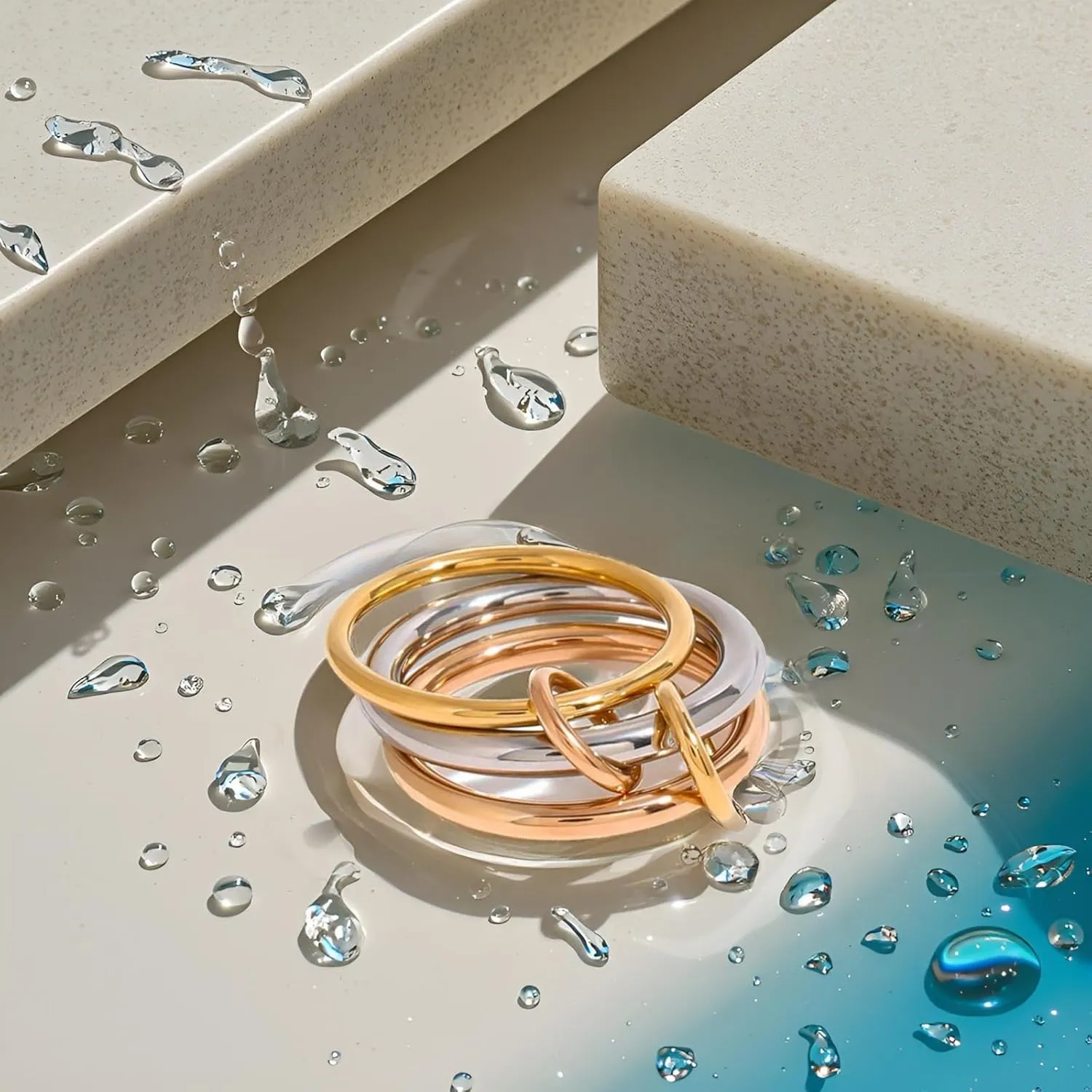 Waterproof Non Tarnish Stackable Rings for Women - Silver Gold Rose Gold Multi Ring Interlocked 3 Ring Set - Water Resistant Never Fades Stacking Rings Band for Women