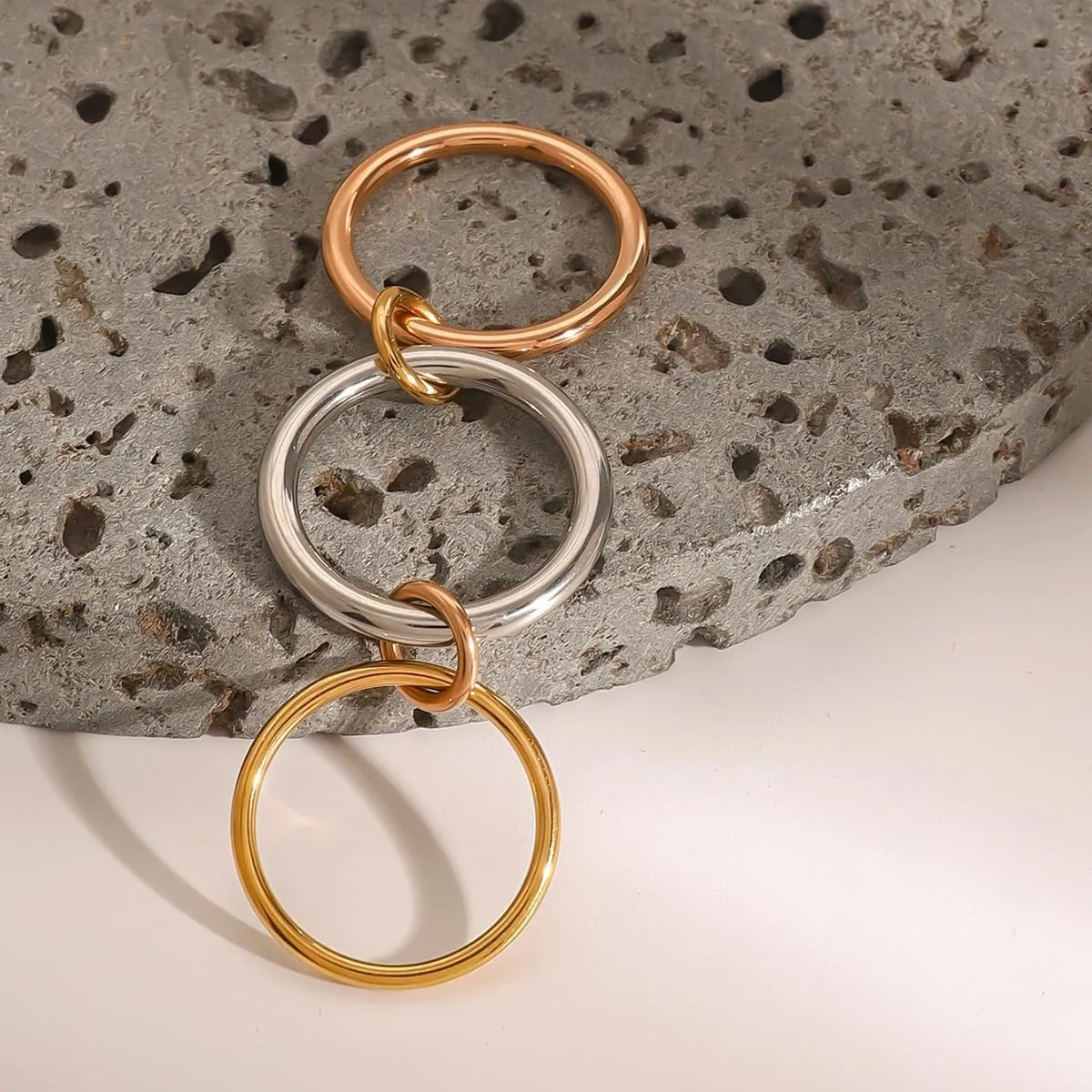 Waterproof Non Tarnish Stackable Rings for Women - Silver Gold Rose Gold Multi Ring Interlocked 3 Ring Set - Water Resistant Never Fades Stacking Rings Band for Women