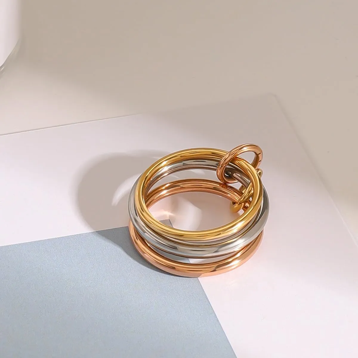 Waterproof Non Tarnish Stackable Rings for Women - Silver Gold Rose Gold Multi Ring Interlocked 3 Ring Set - Water Resistant Never Fades Stacking Rings Band for Women