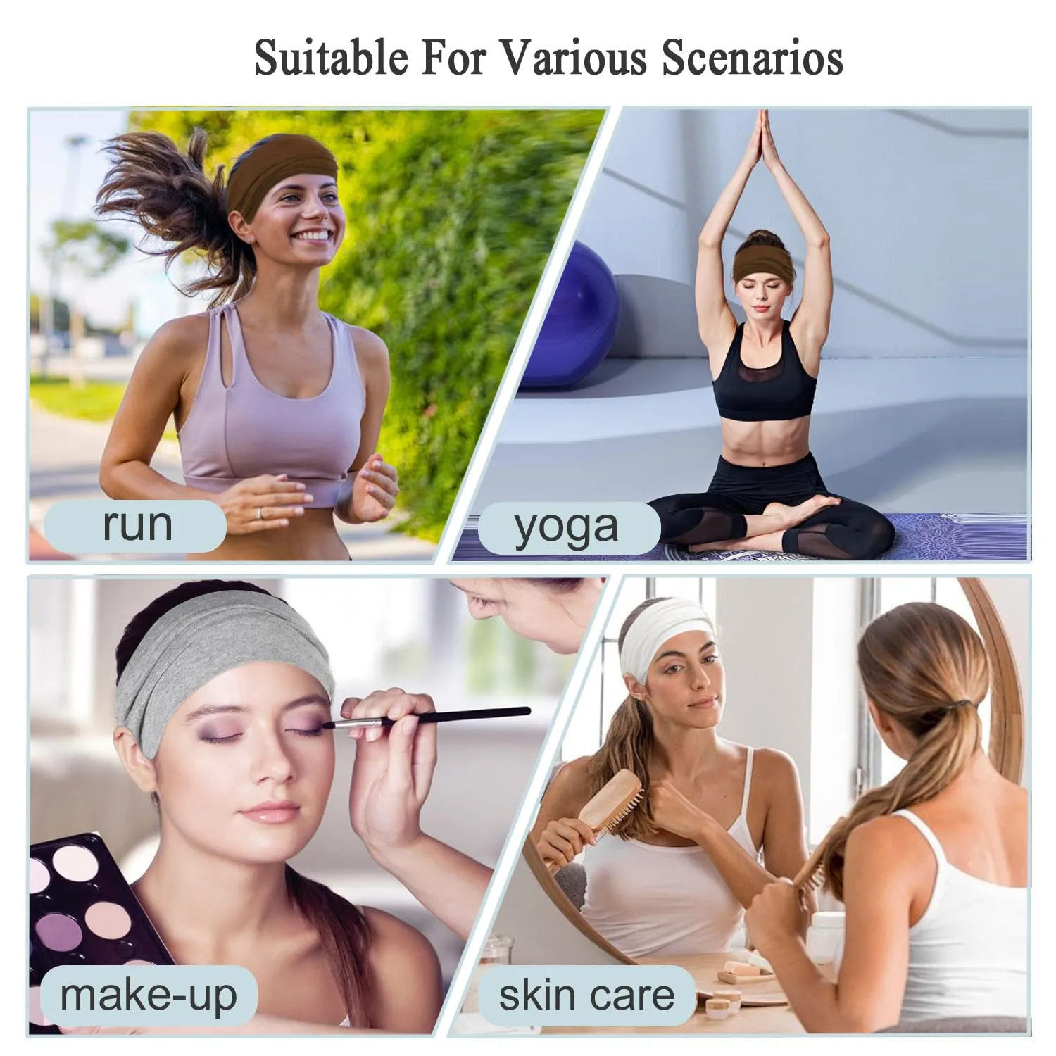 Wide Headbands for Women Non Slip Stretch Headband Boho Head Bands for Running Yoga Workout Hairband 4 Pack (Black, White, Light Gray, Brown)