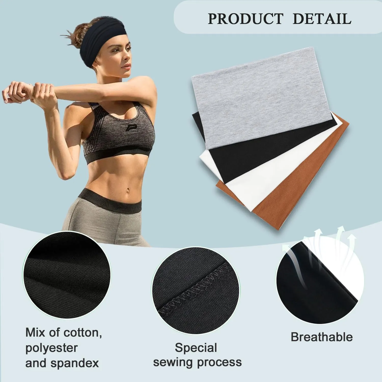 Wide Headbands for Women Non Slip Stretch Headband Boho Head Bands for Running Yoga Workout Hairband 4 Pack (Black, White, Light Gray, Brown)