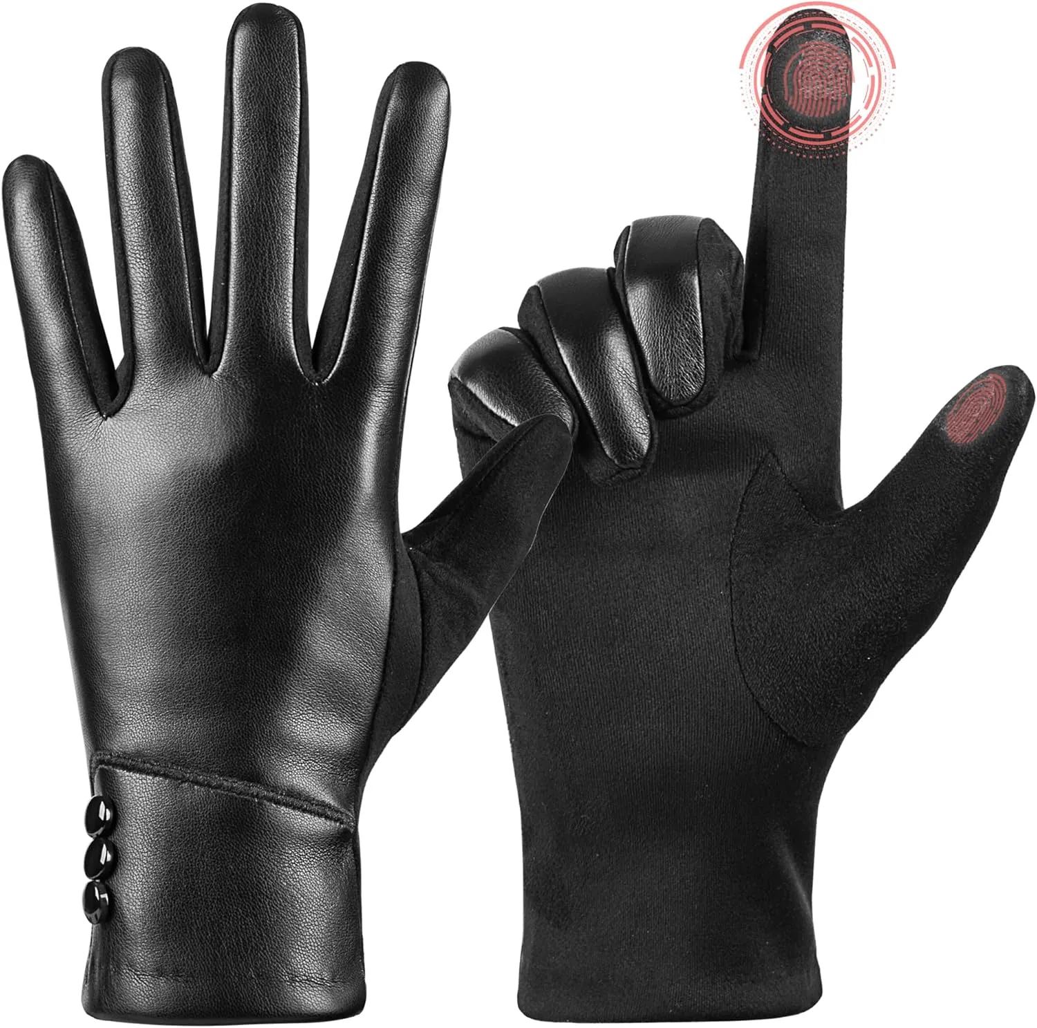 Winter Fashion Leather Gloves for Women, Touch Screen Wool Lined Outdoor Windproof Warm Suede Driving Dress Gloves