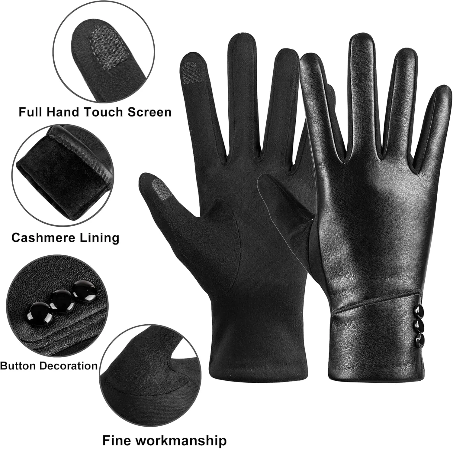 Winter Fashion Leather Gloves for Women, Touch Screen Wool Lined Outdoor Windproof Warm Suede Driving Dress Gloves