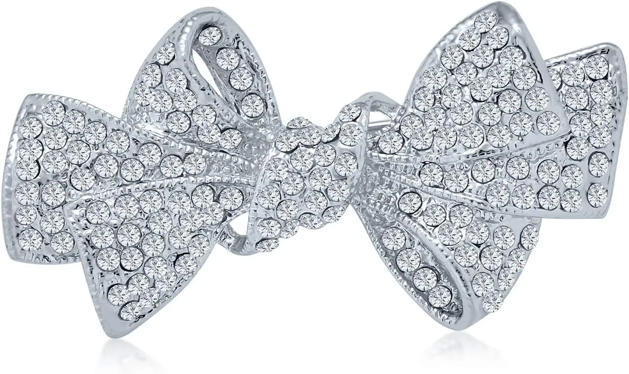 Winter Holiday Blue White Glittering Crystal Bridal Fashion Large Statement Ribbon Scarf Bow Brooch Pin For Women Rose Gold or Silver Plated