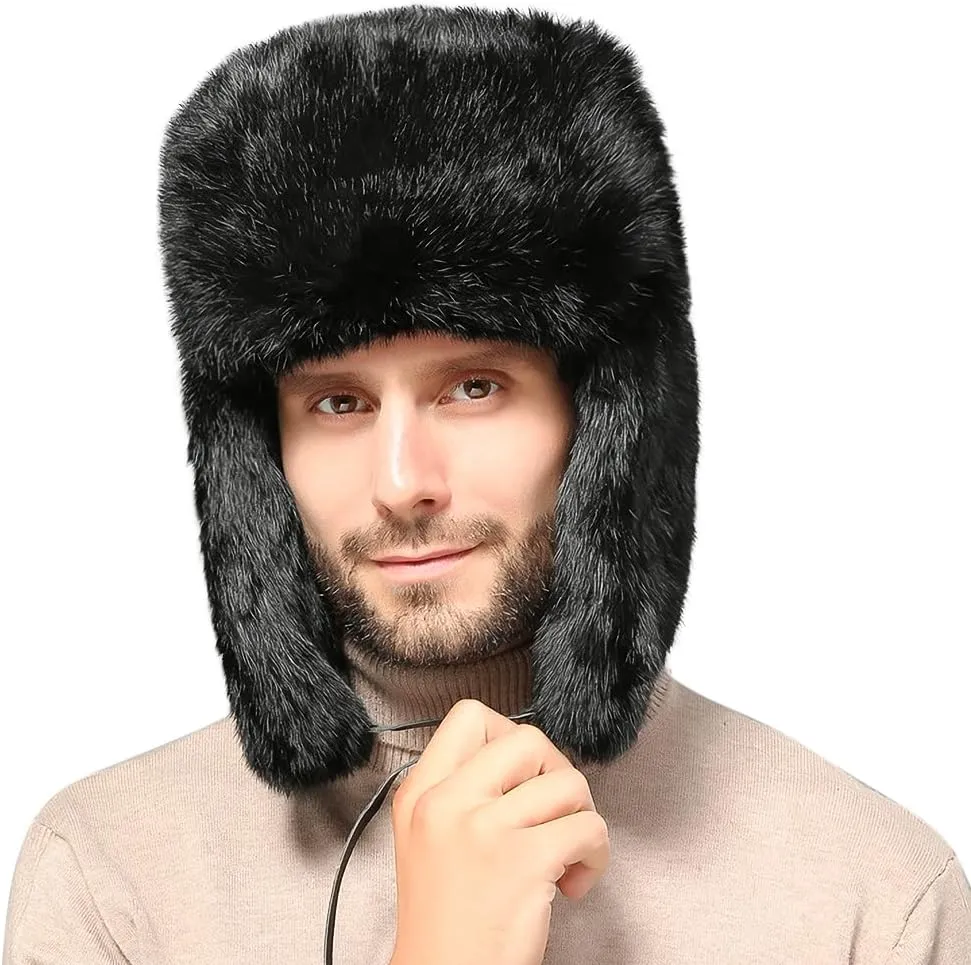 Winter Trapper Trooper Hat Faux Fur Russian Ushanka Hat Windproof Warm Hunting Cap Fuzzy Skiing Cap Unisex