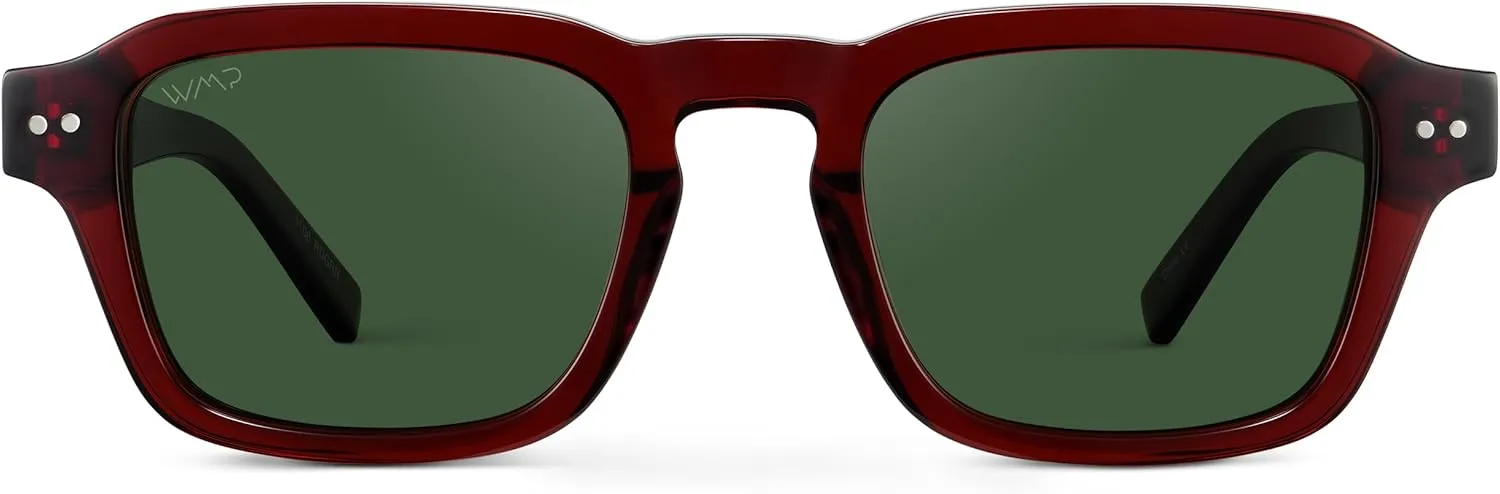 WMP Eyewear - Men's Polarized Sunglasses: Narrow Geometric Frame, Rectangular Lenses, Round Rivets, Injected Metal Core