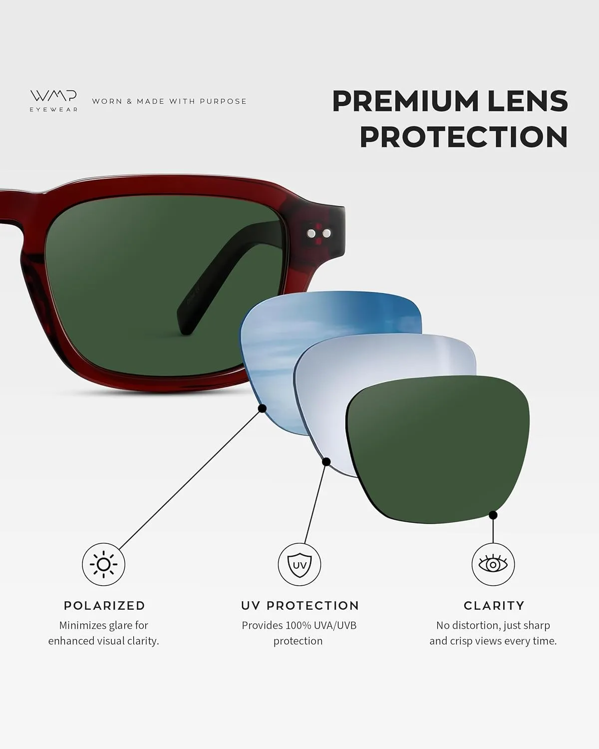 WMP Eyewear - Men's Polarized Sunglasses: Narrow Geometric Frame, Rectangular Lenses, Round Rivets, Injected Metal Core