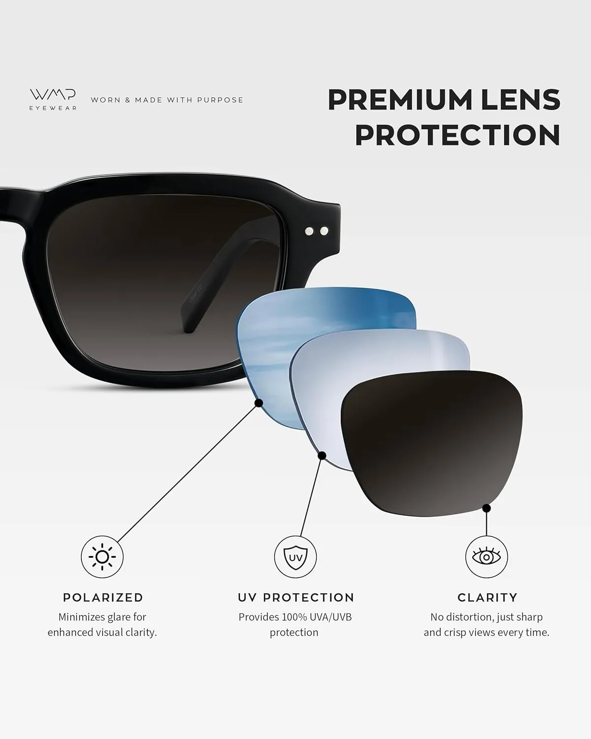 WMP Eyewear - Men's Polarized Sunglasses: Narrow Geometric Frame, Rectangular Lenses, Round Rivets, Injected Metal Core