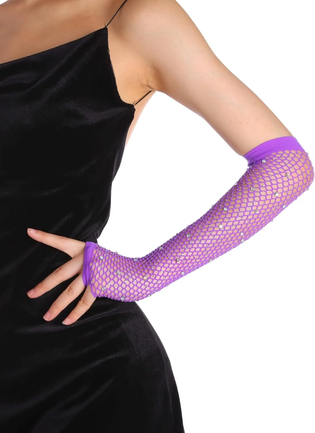 Women Fishnet Rhinestone Gloves Fingerless Kids Fish Net Arm Sleeve Warmers 80s Emo Scene Accessories