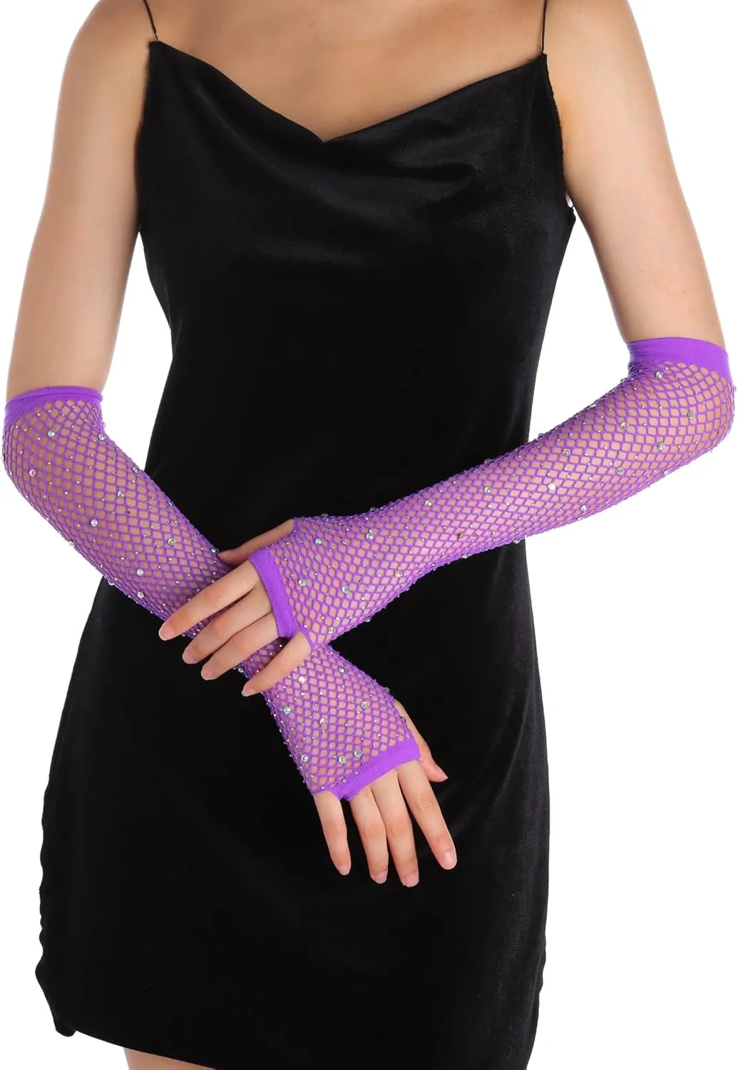 Women Fishnet Rhinestone Gloves Fingerless Kids Fish Net Arm Sleeve Warmers 80s Emo Scene Accessories