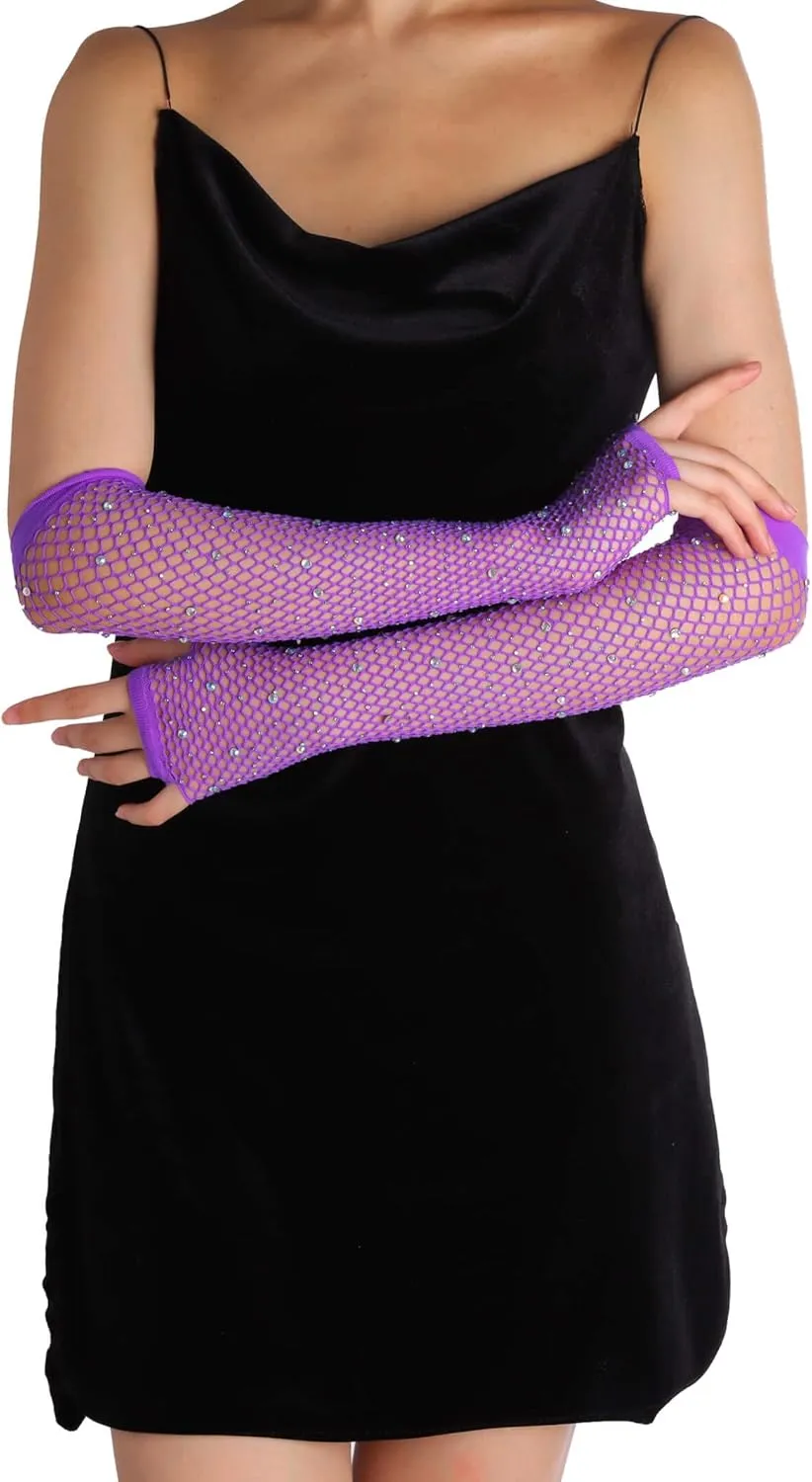 Women Fishnet Rhinestone Gloves Fingerless Kids Fish Net Arm Sleeve Warmers 80s Emo Scene Accessories