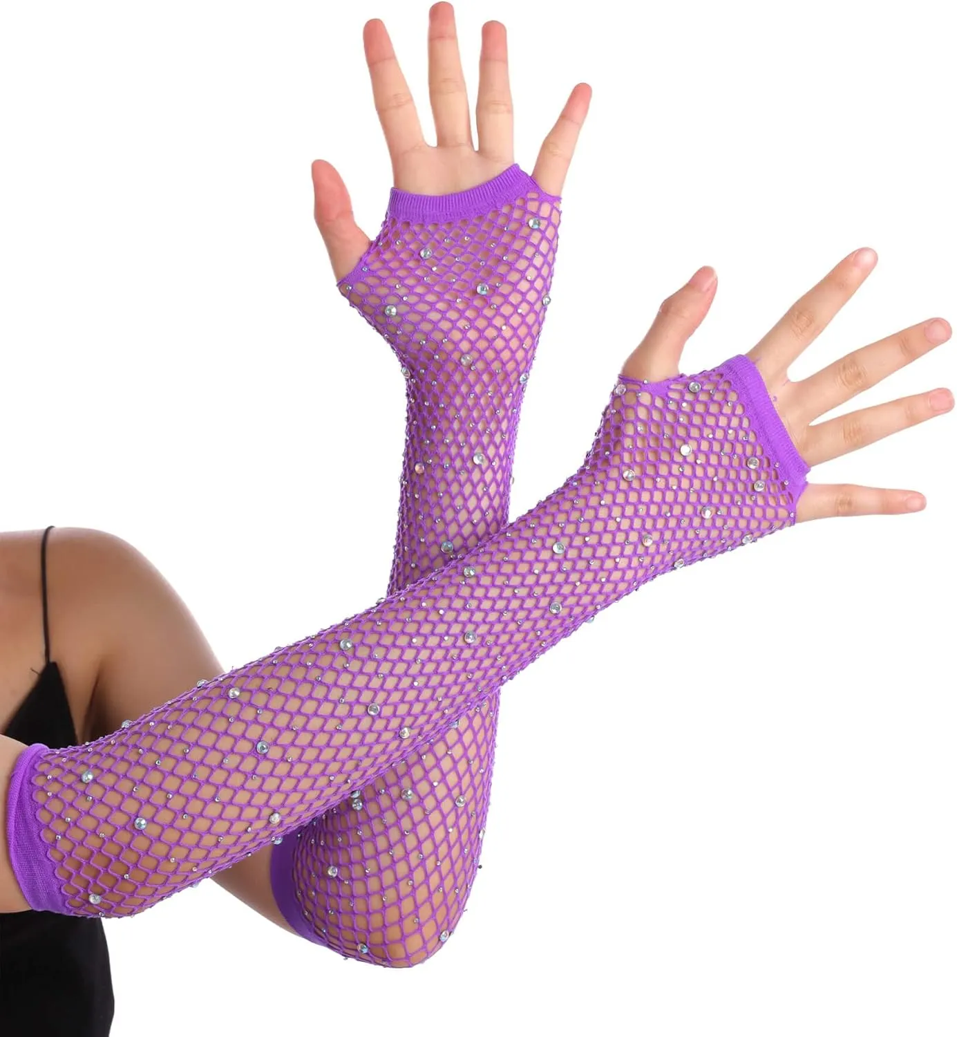 Women Fishnet Rhinestone Gloves Fingerless Kids Fish Net Arm Sleeve Warmers 80s Emo Scene Accessories