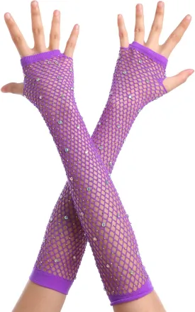 Women Fishnet Rhinestone Gloves Fingerless Kids Fish Net Arm Sleeve Warmers 80s Emo Scene Accessories