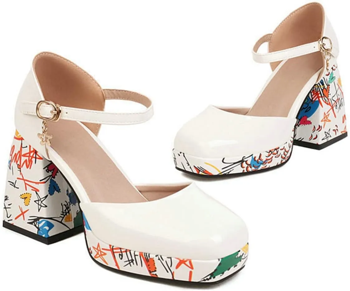 Women's Mary Jane Sandals Pumps Platform Printed Block High Heel Square Toe Ankle Strap Dress Shoes