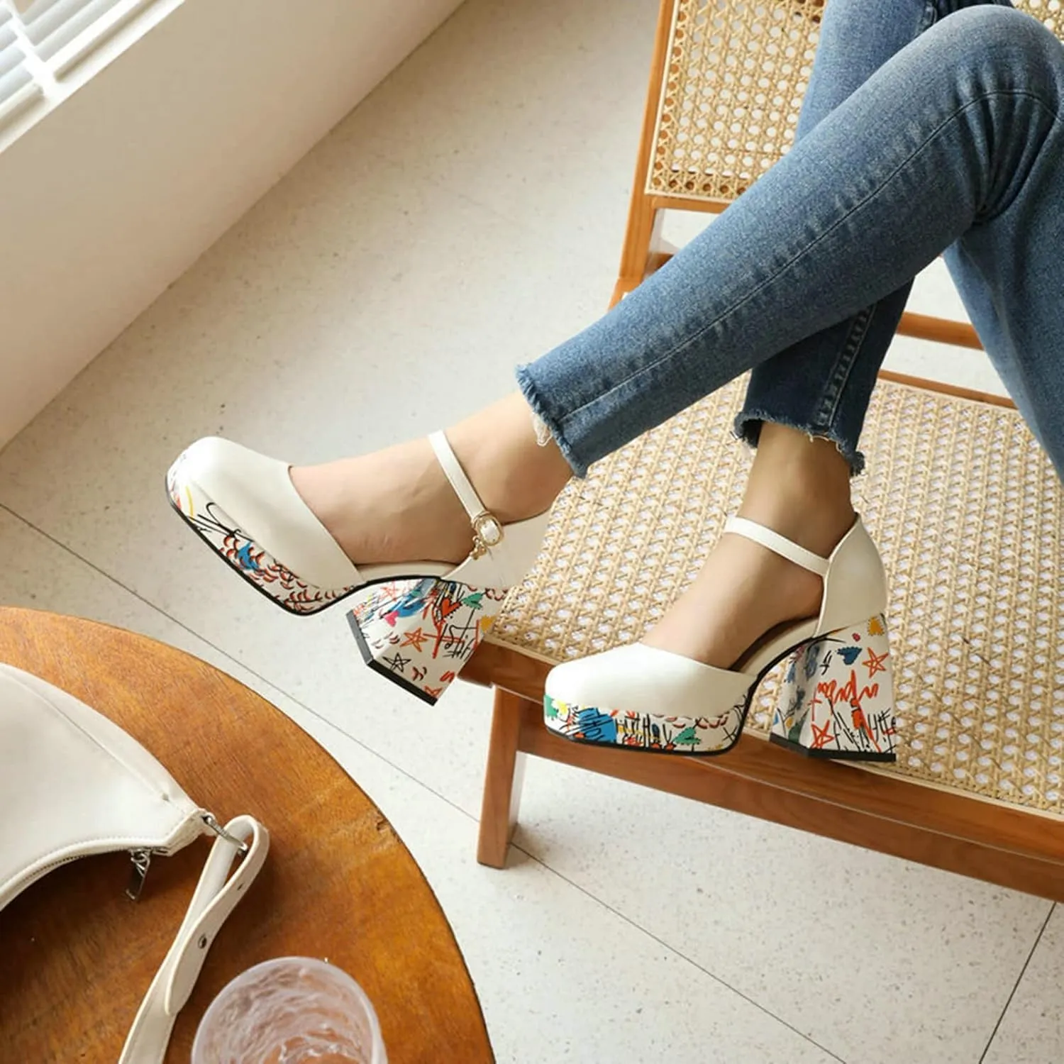 Women's Mary Jane Sandals Pumps Platform Printed Block High Heel Square Toe Ankle Strap Dress Shoes