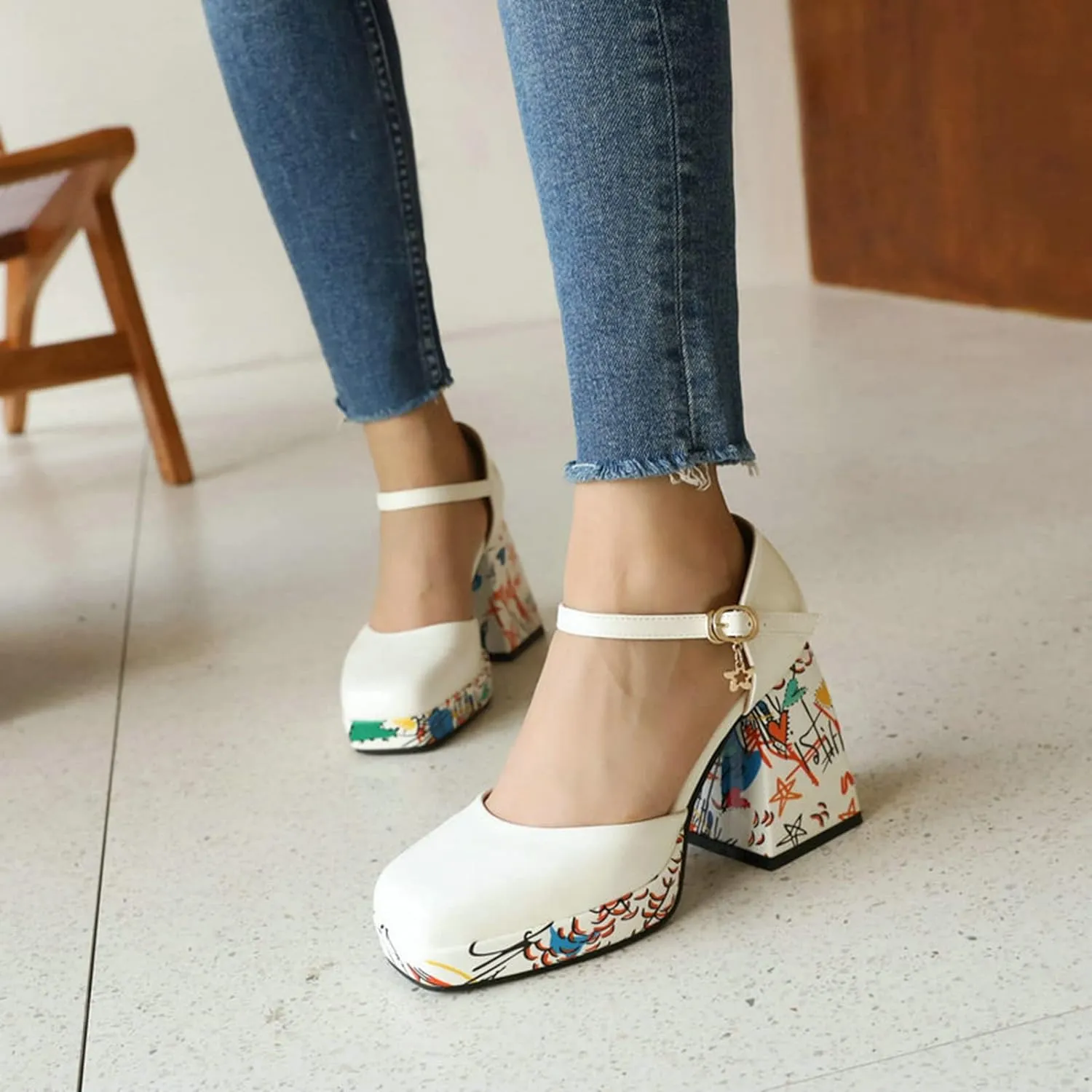 Women's Mary Jane Sandals Pumps Platform Printed Block High Heel Square Toe Ankle Strap Dress Shoes