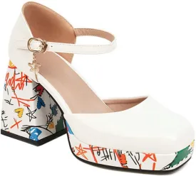 Women's Mary Jane Sandals Pumps Platform Printed Block High Heel Square Toe Ankle Strap Dress Shoes
