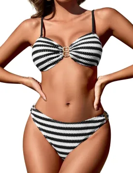 Women's Two Piece Bikini Sets Midi Waist Cheeky Swimsuit Striped Triangle Bathing Suits
