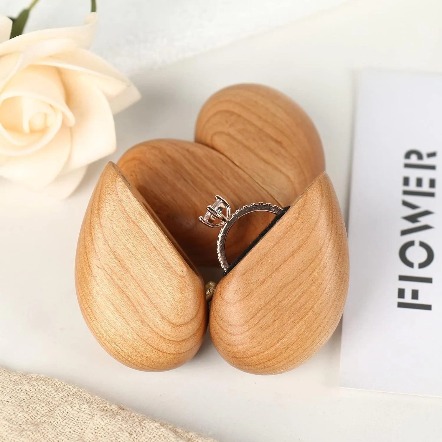Wooden Heart-Shaped Ring Box for Wedding, Proposal, Engagement - Wood Case Holder Gift (True Love Eternal Cherry)