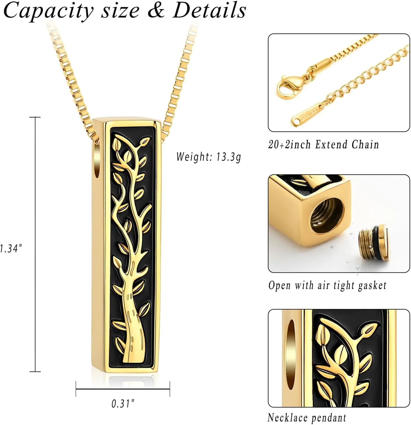 XSMZB Tree of Life Urn Necklace for Ashes for Men Women 3D Bar Cremation Jewelry Ashes Keepsake Pendant of Loved One Funeral Memory Jewelry