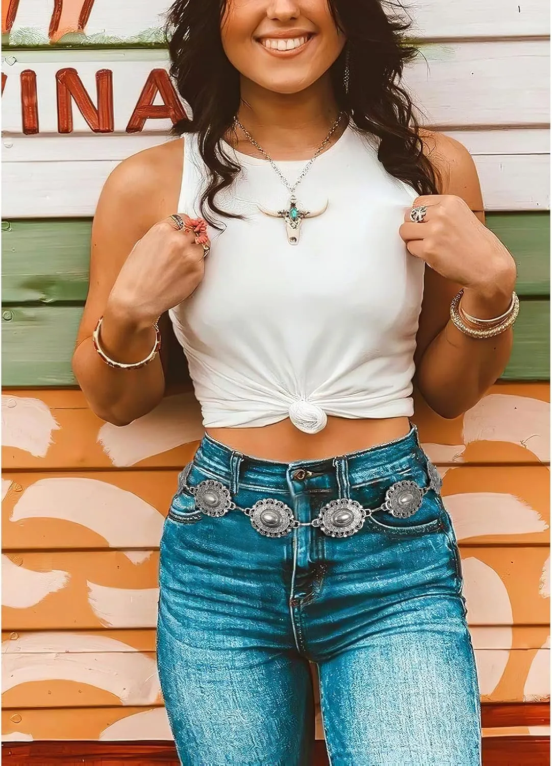 XZQTIVE Women Boho Chain Belts For Dresses Jeans Western Cowgirl Waist Links Belt Adjustable Metal Concho Belt