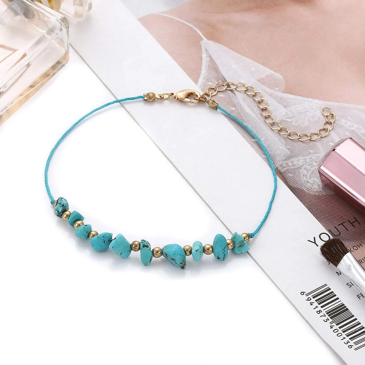 YAHPERN Anklets For Women Color Beads Turquoise Drop Sequin Charm Adjustable Ankle Bracelets Set Boho Multilayer Beach Foot Jewelry