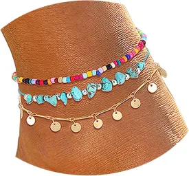 YAHPERN Anklets For Women Color Beads Turquoise Drop Sequin Charm Adjustable Ankle Bracelets Set Boho Multilayer Beach Foot Jewelry