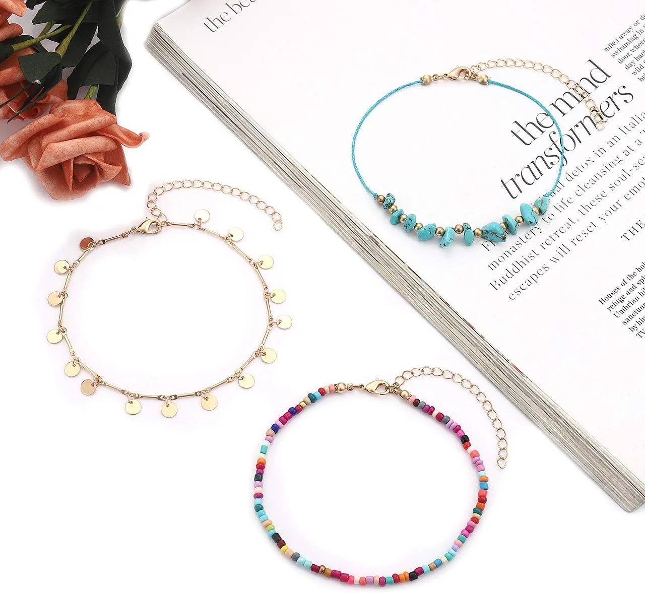 YAHPERN Anklets For Women Color Beads Turquoise Drop Sequin Charm Adjustable Ankle Bracelets Set Boho Multilayer Beach Foot Jewelry