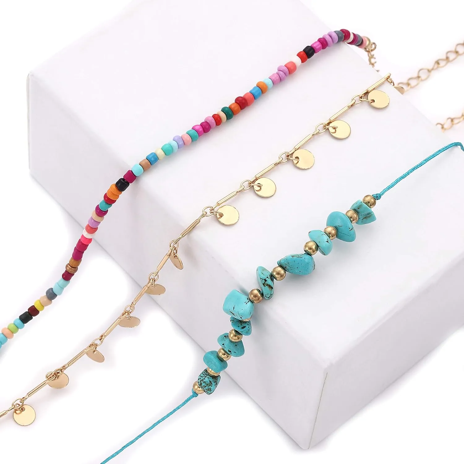 YAHPERN Anklets For Women Color Beads Turquoise Drop Sequin Charm Adjustable Ankle Bracelets Set Boho Multilayer Beach Foot Jewelry
