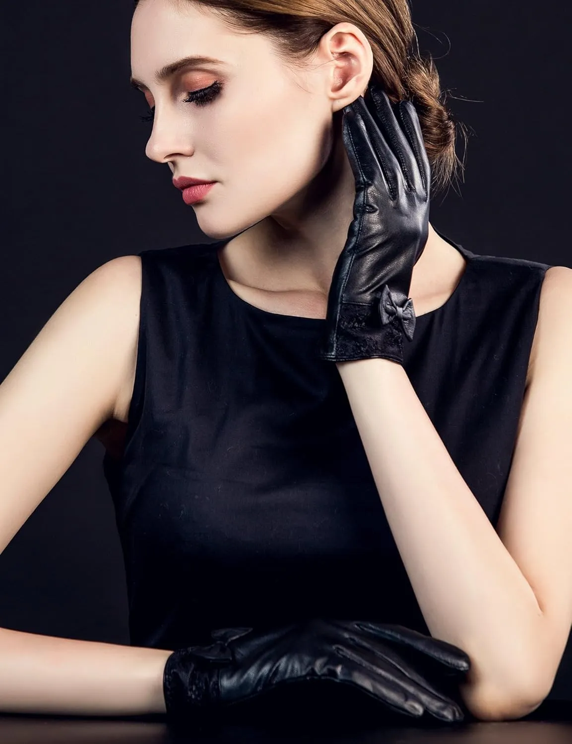 YISEVEN Women's Sheepskin Winter Driving Genuine Leather Gloves Lace Bow