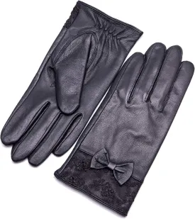 YISEVEN Women's Sheepskin Winter Driving Genuine Leather Gloves Lace Bow