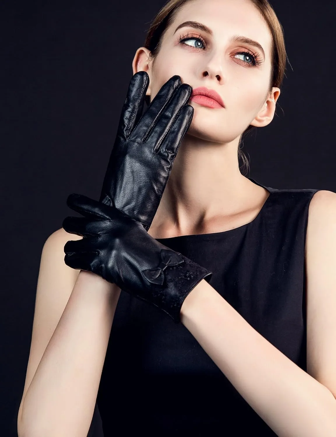 YISEVEN Women's Sheepskin Winter Driving Genuine Leather Gloves Lace Bow
