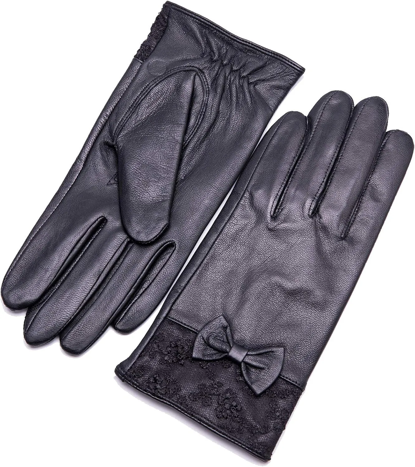YISEVEN Women's Sheepskin Winter Driving Genuine Leather Gloves Lace Bow