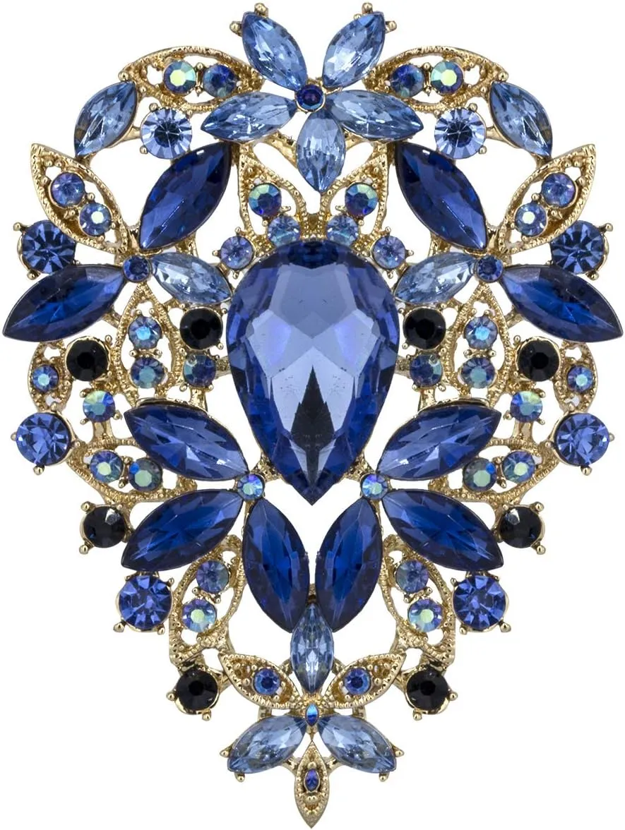 YOQUCOL Vintage Austrian Crystal Rhinestone Leaf Shape Big Large Brooch Pin for Women Gold Tone