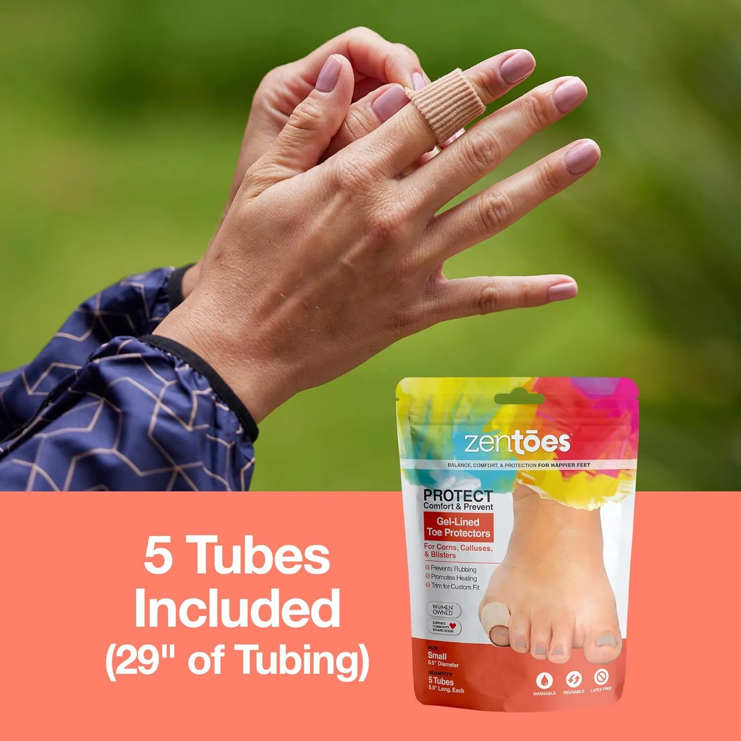 ZenToes Toe Tubes - Fabric Sleeve Protectors with Gel Lining - 5 Tube Sleeve Set - 29" of Gel Lined Tubing, Size Small (1/2 Inch Diameter)